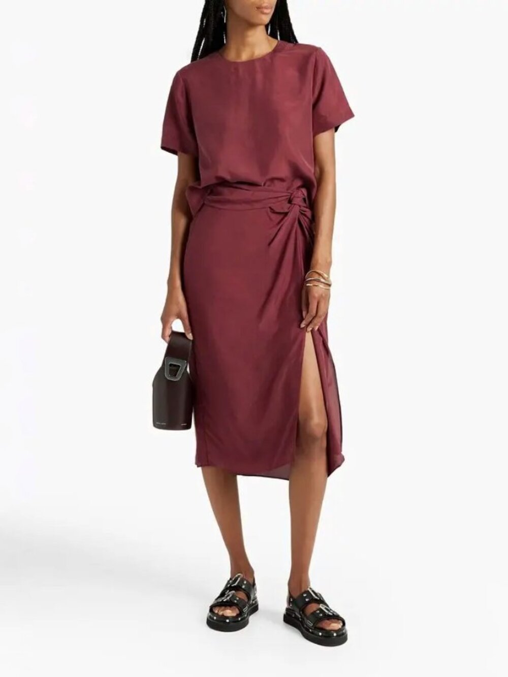 RAG & BONE Amber Maroon 100% Silk Habotai Twisted Draped Midi Skirt, Size 2